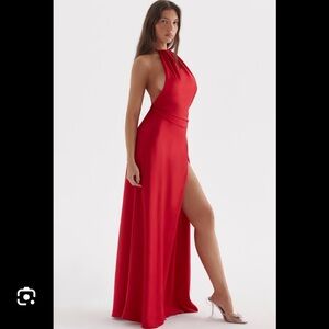 NEW House Of CB Zanab Open Back Satin Maxi Red Slit Cocktail Dress M Holiday